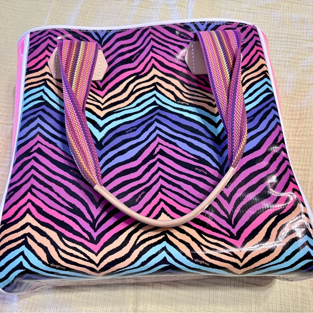 Consuela Zebra Stripe Tote in Pink, Purple, Blue & Peach - Picture 1 of 11